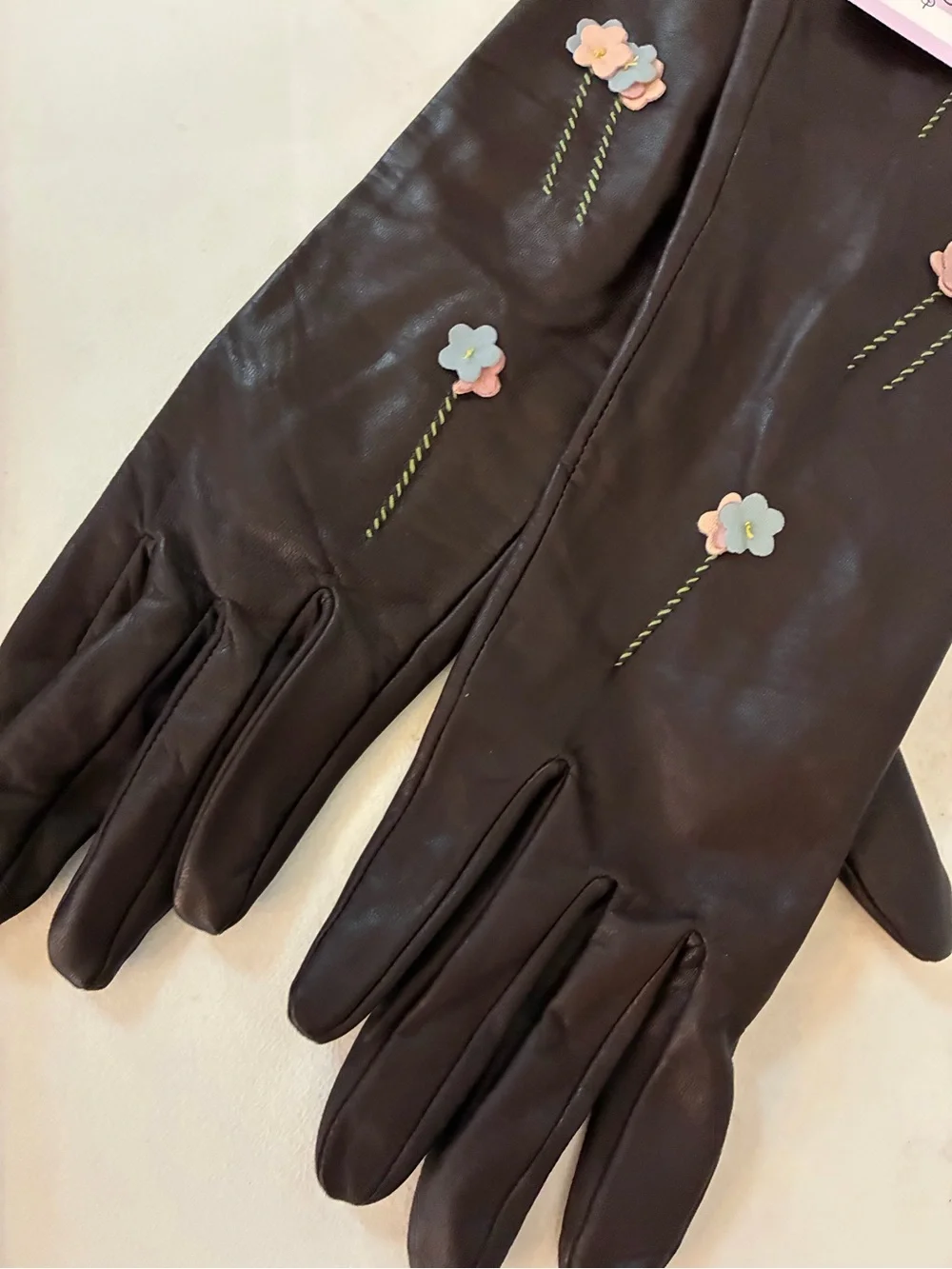 NWT Lulu Guinness Brown Leather Gloves Silk Lined Floral Flower Applique XL